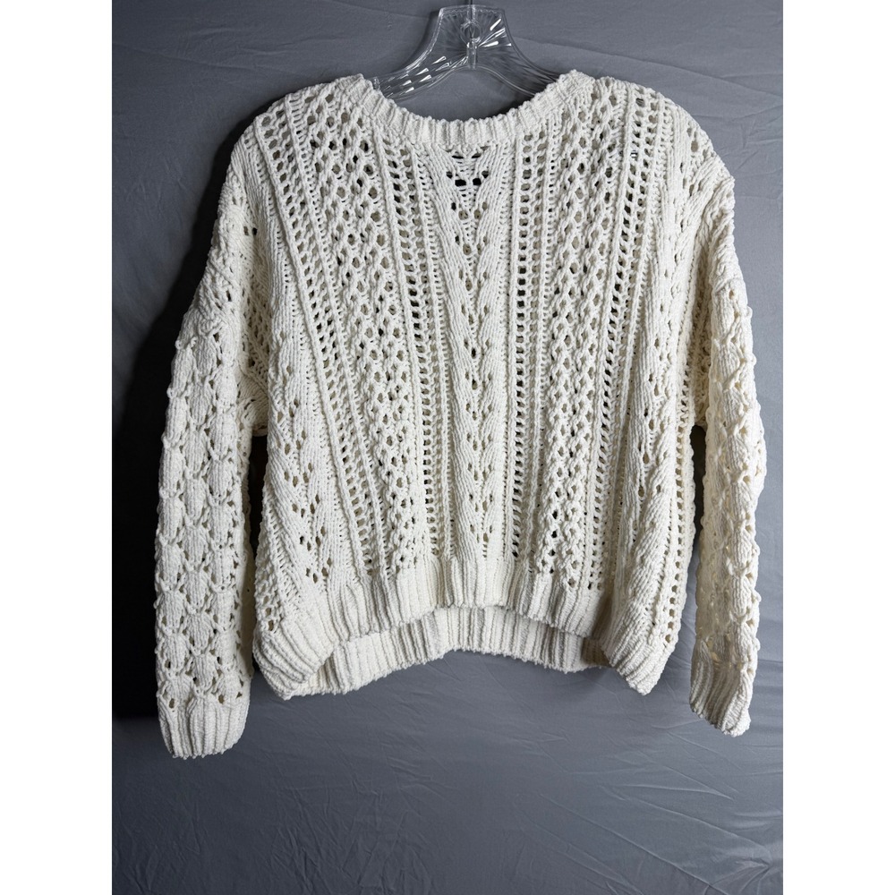 Kendall + Kylie Cream Chenille Open Knit Pullover Sweater XS Ivory Cable Knit